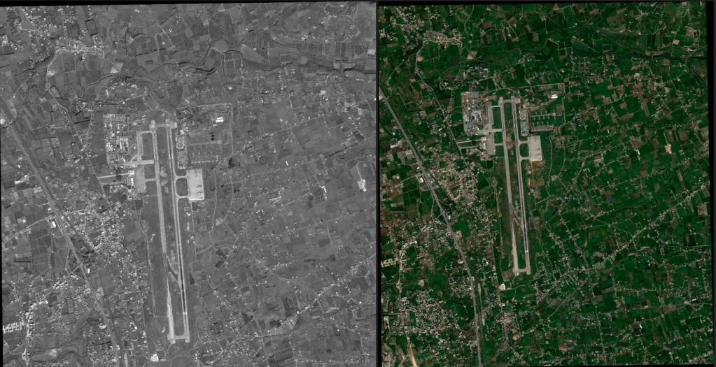 Космический снимок cо спутника WorldView-3 с пространственным разрешением 0.4 м до ортотрансформирования (слева), готовый ортофотоплан (справа).jpg